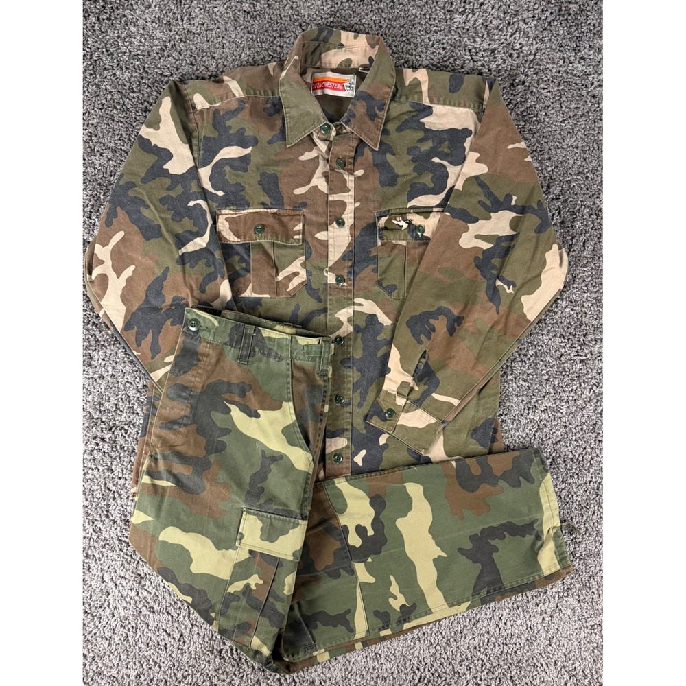 Vintage 90s Winchester Camo Hunting Set Mens Large Shirt 36 Cargo Pants Woodland